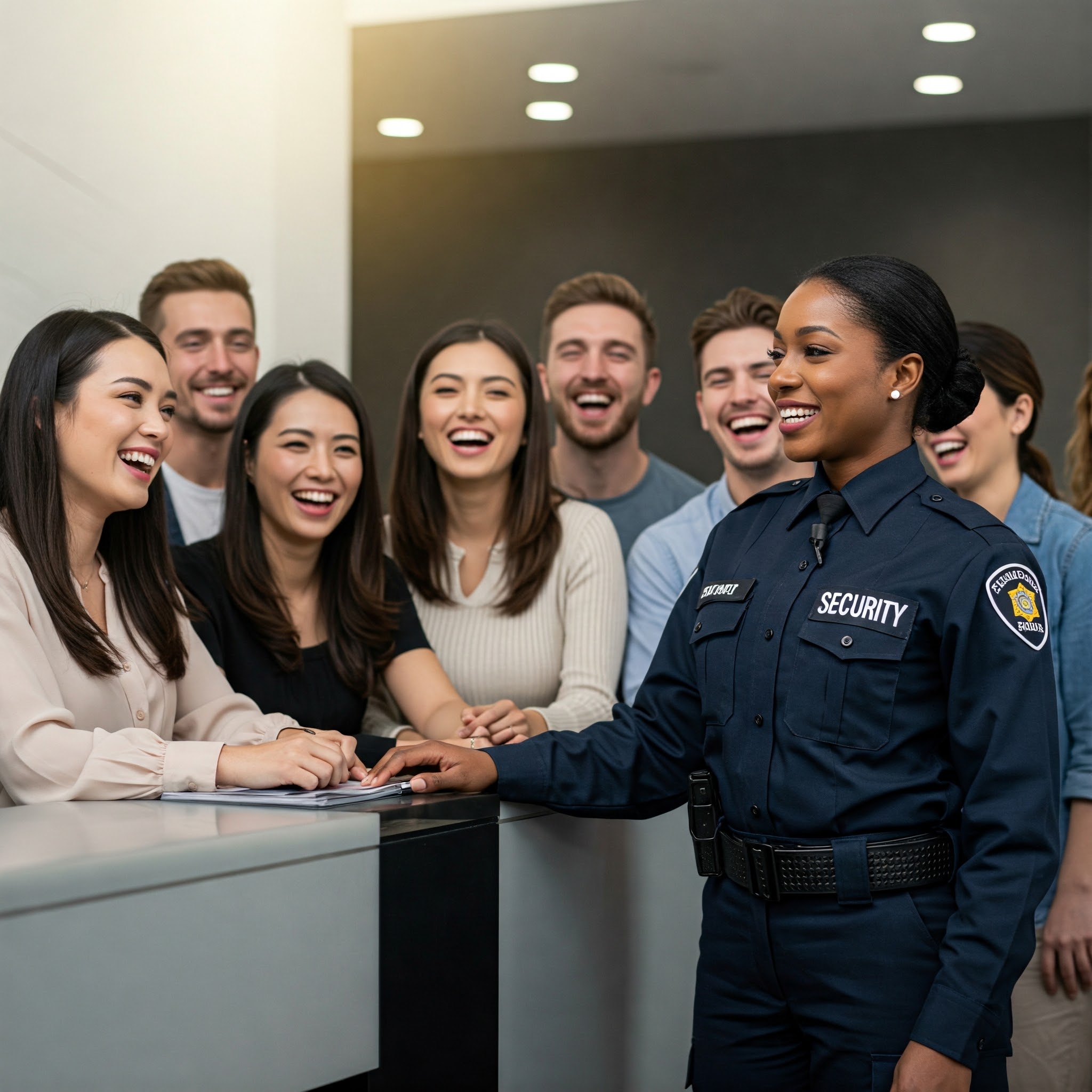 Happy clients interacting with a Kemi Security guard